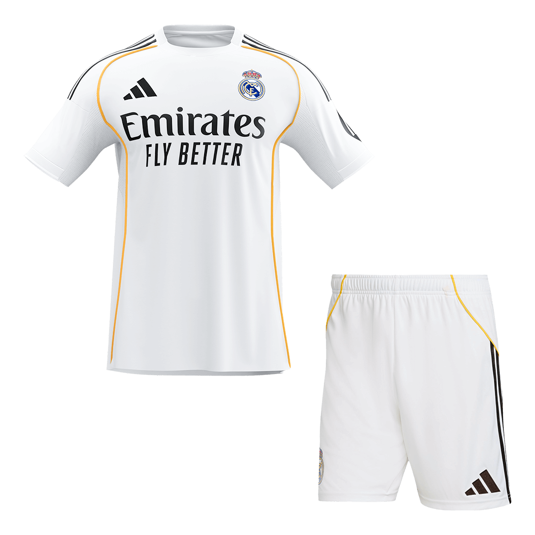【Super Qualidade】Real Madrid Casa Camisa Conjunto (Camisola + Calções) 2025/26- Branco