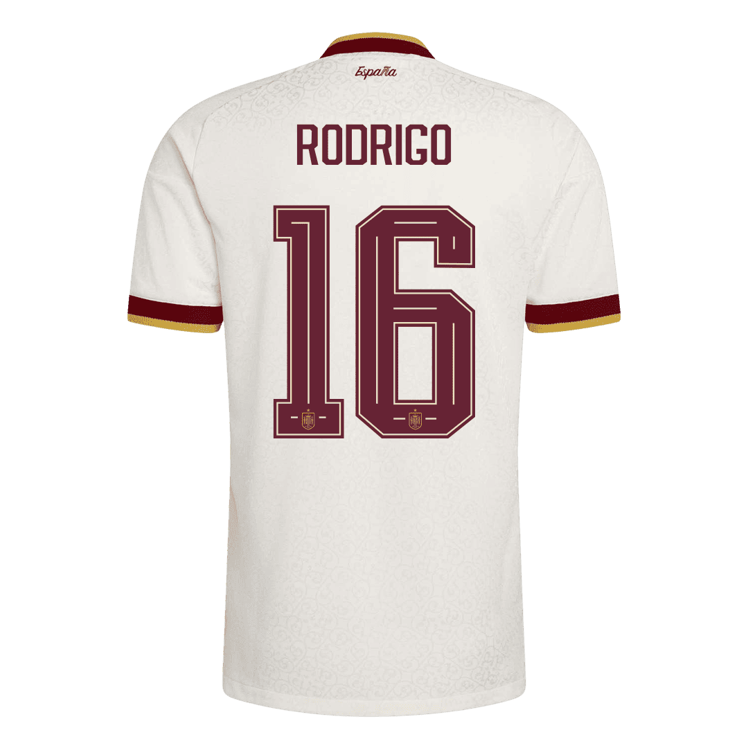 Versão do Jogador RODRIGO #16 Spain Fora Copa do Mundo Futebol Camisas 2026 Branco