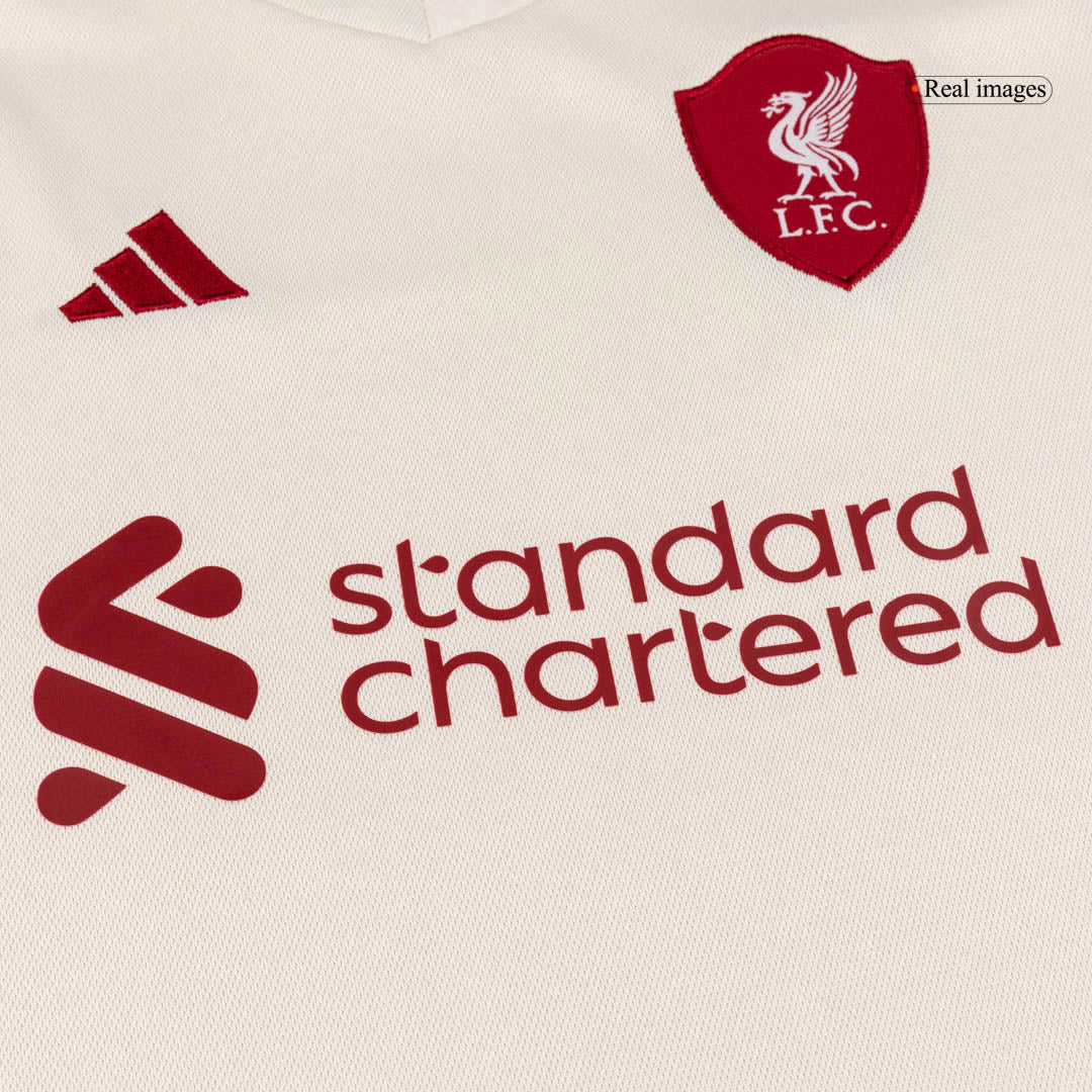Liverpool Infantil Fora Futebol Camisa Conjunto (Camisa + Calção + Meias) 2025/26 Branco