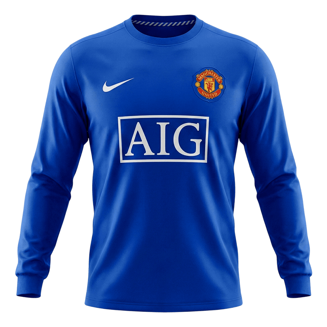 Retrô Manchester United Terceira Manga Longa Camisa 2008/09 Azul