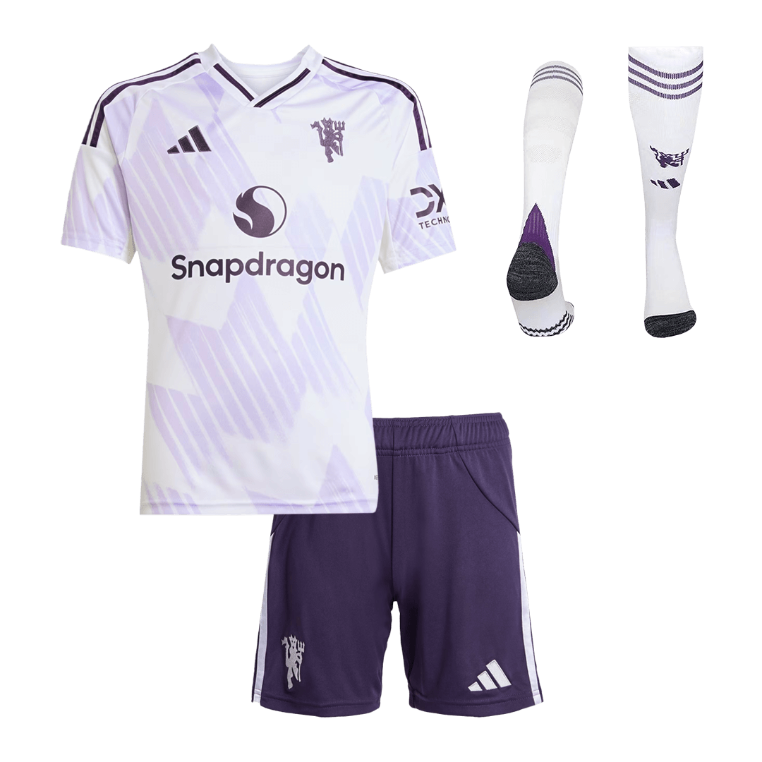Manchester United Infantil Fora Futebol Camisa Conjunto (Camisa + Calção + Meias) 2025/26 Branco