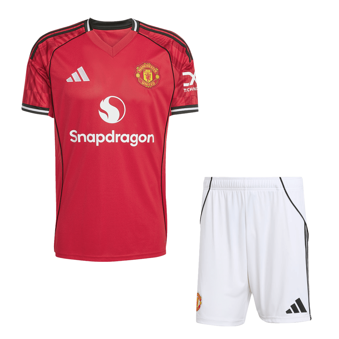 【Super Qualidade】Manchester United Casa Camisa Conjunto (Camisola + Calções) 2025/26-Vermelho