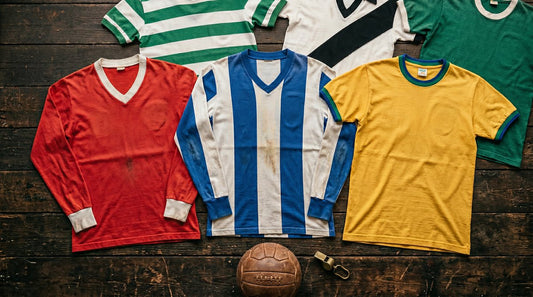 Coleção de camisas de futebol retrô vintage sobre mesa de madeira escura