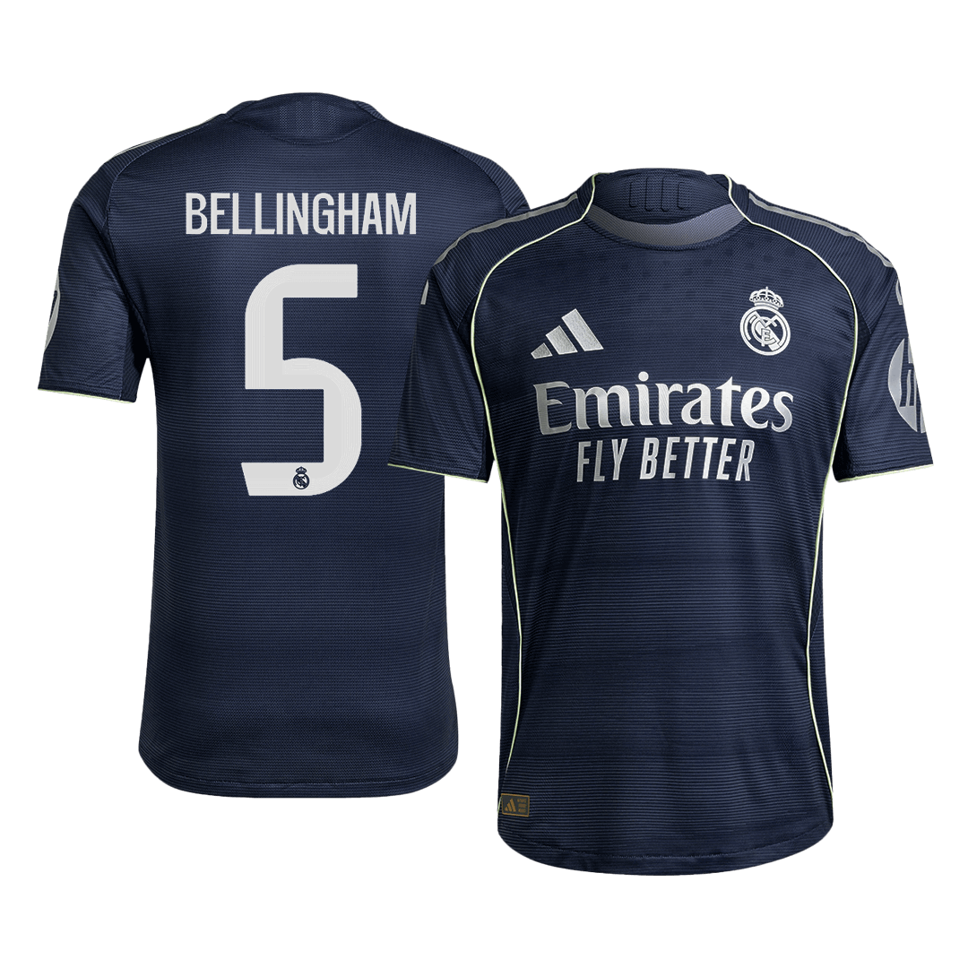 Autêntico BELLINGHAM #5 Real Madrid Fora Futebol Camisas 2025/26 Marinha