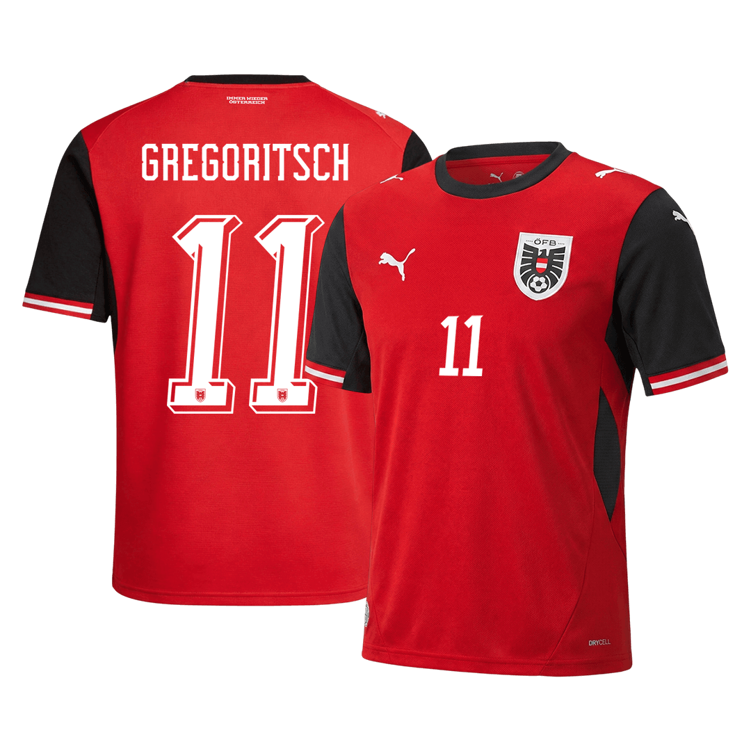 GREGORITSCH #11 Austria Casa Camisa Copa do Mundo 2026 Vermelho - camisola de futebol para adeptos em