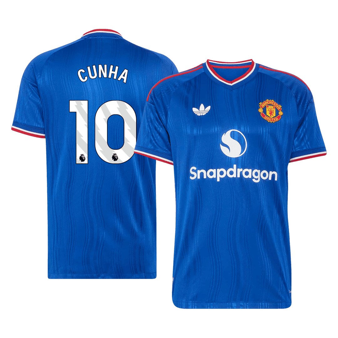 Versão do Jogador CUNHA #10 Manchester United Fora Futebol Camisas 2026/27 Azul
