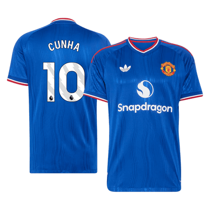 Versão do Jogador CUNHA #10 Manchester United Fora Futebol Camisas 2026/27 Azul