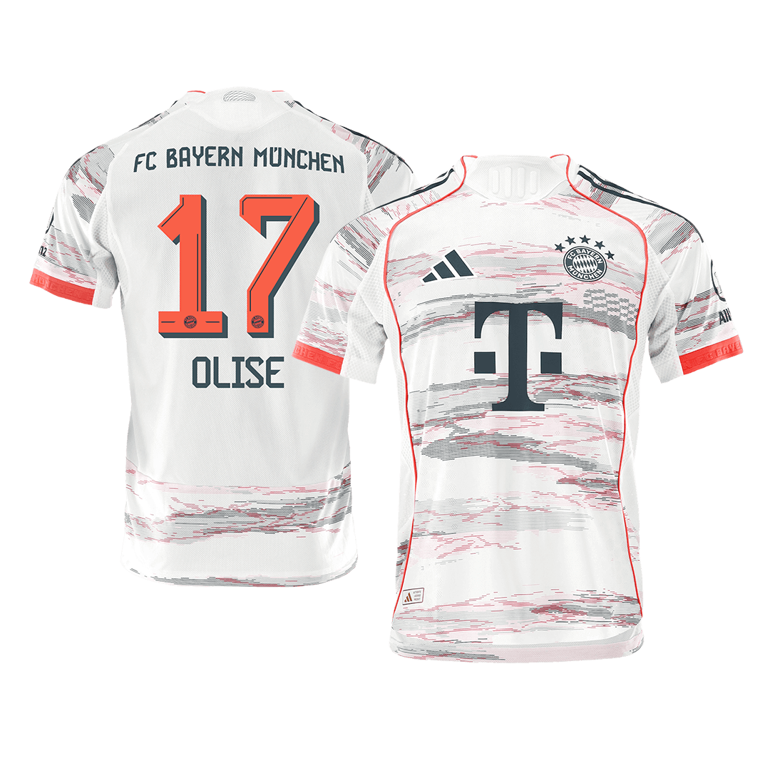 Autêntico OLISE #17 Bayern Munich Fora Futebol Camisas 2025/26 Branco