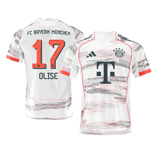 Autêntico OLISE #17 Bayern Munich Fora Futebol Camisas 2025/26 Branco