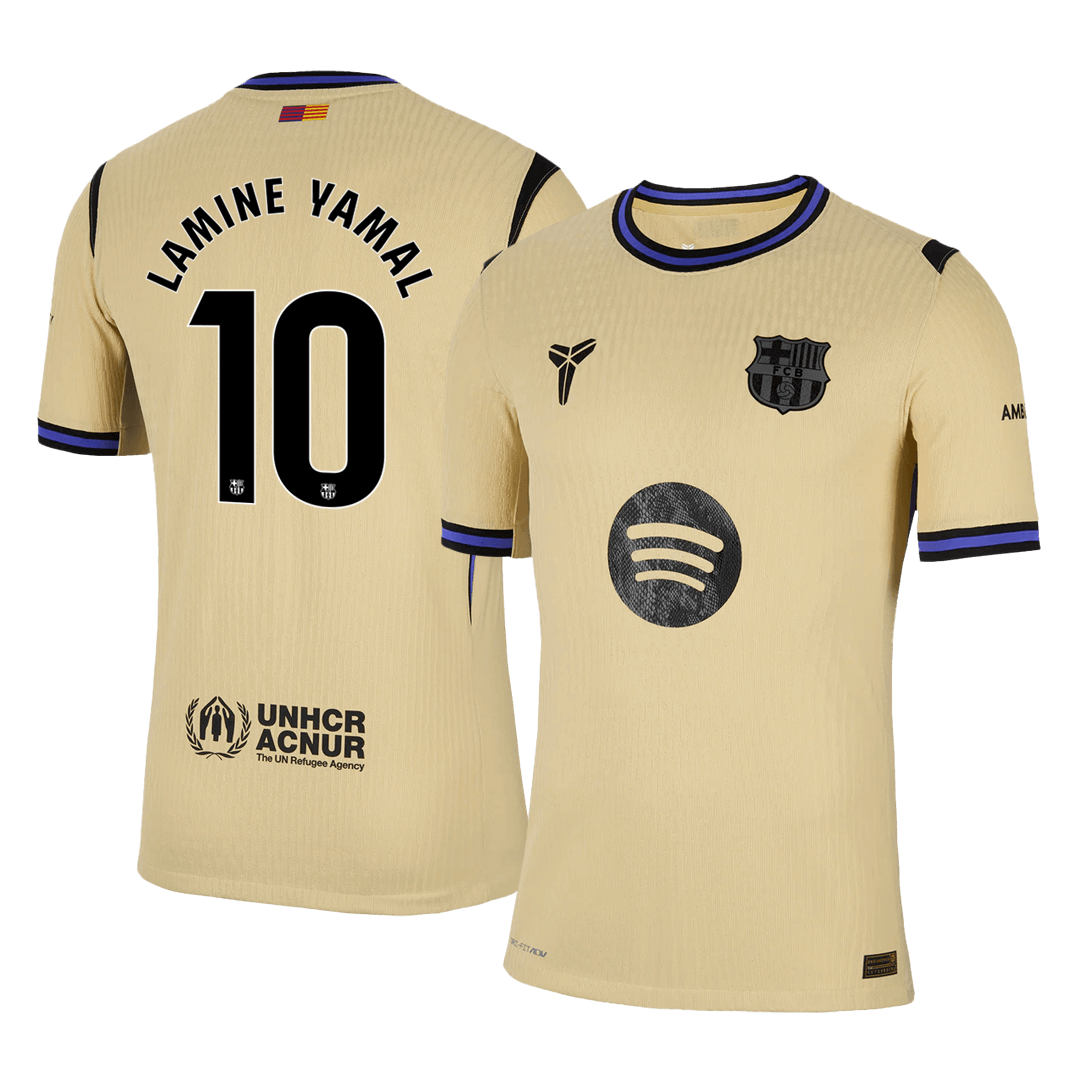 Autêntico LAMINE YAMAL #10 Barcelona Fora UCL Futebol Camisas 2025/26 Amarelo - UCL