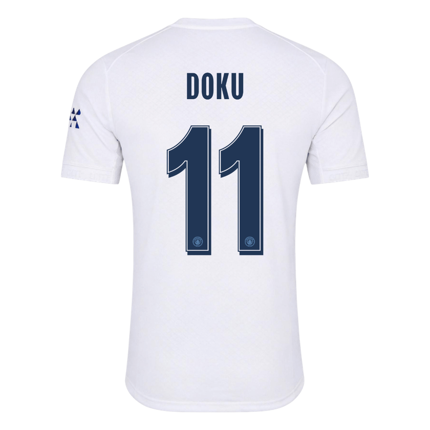 Versão do Jogador DOKU #11 Manchester City Terceira Futebol Camisas 2026/27 Branco - UCL