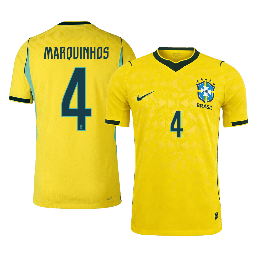 Versão do Jogador MARQUINHOS #4 Brazil Casa Copa do Mundo Futebol Camisas 2026 Amarelo