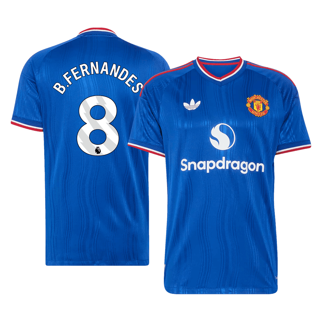 Versão do Jogador B. FERNANDES #8 Manchester United Fora Futebol Camisas 2026/27 Azul
