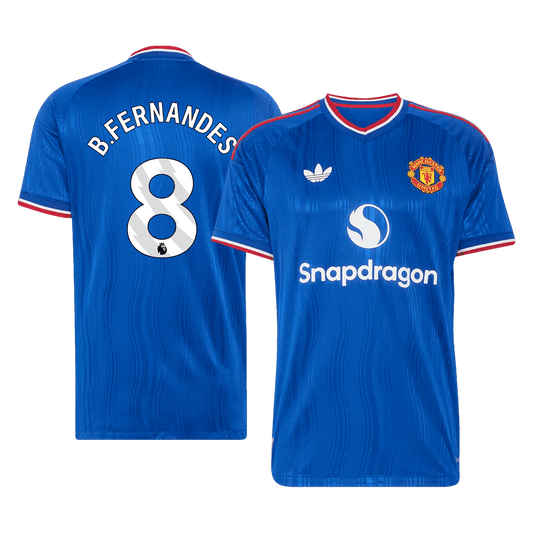 Versão do Jogador B. FERNANDES #8 Manchester United Fora Futebol Camisas 2026/27 Azul