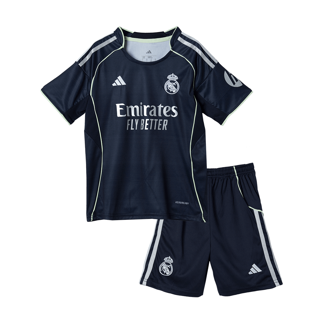 Infantil Real Madrid Fora Futebol Camisa Conjunto(Camisa+Calção) 2025/26 Azul&Marinho
