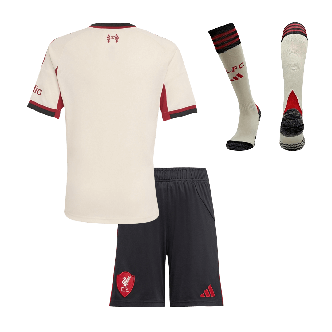 Liverpool Infantil Fora Futebol Camisa Conjunto (Camisa + Calção + Meias) 2025/26 Branco