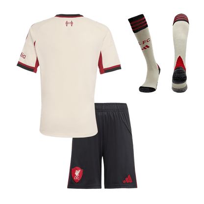 Liverpool Infantil Fora Futebol Camisa Conjunto (Camisa + Calção + Meias) 2025/26 Branco
