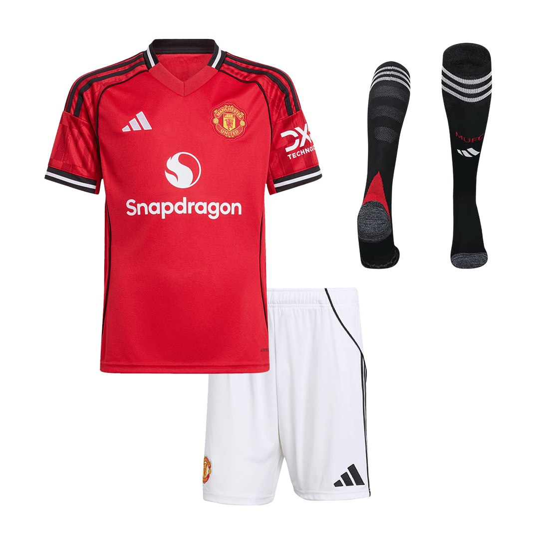 Manchester United Infantil Casa Conjunto (Camisa + Calção + Meias) 2025/26 Vermelho