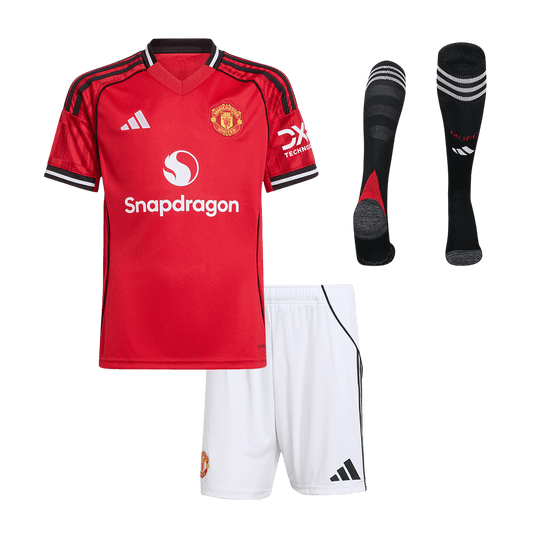 Manchester United Infantil Casa Conjunto (Camisa + Calção + Meias) 2025/26 Vermelho