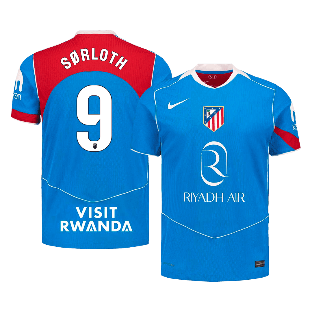 Versão do Jogador SØRLOTH #9 Atletico Madrid Terceira Futebol Camisas 2025/26 Azul