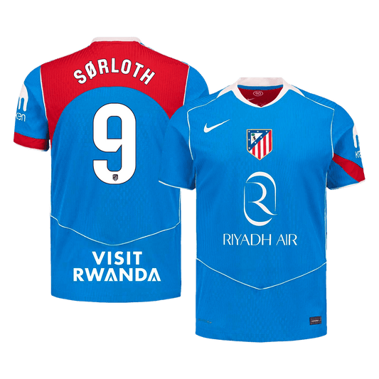 Versão do Jogador SØRLOTH #9 Atletico Madrid Terceira Futebol Camisas 2025/26 Azul