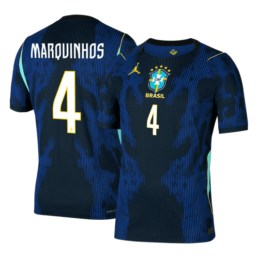 Versão do Jogador MARQUINHOS #4 Brazil Fora Copa do Mundo Futebol Camisas 2026 Marinha