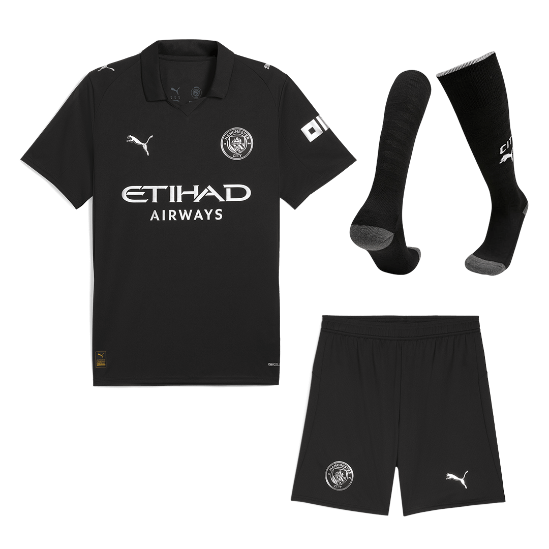 Manchester City Fora Camisa Conjunto(Camisa+Calções+Meias) 2025/26 Preto