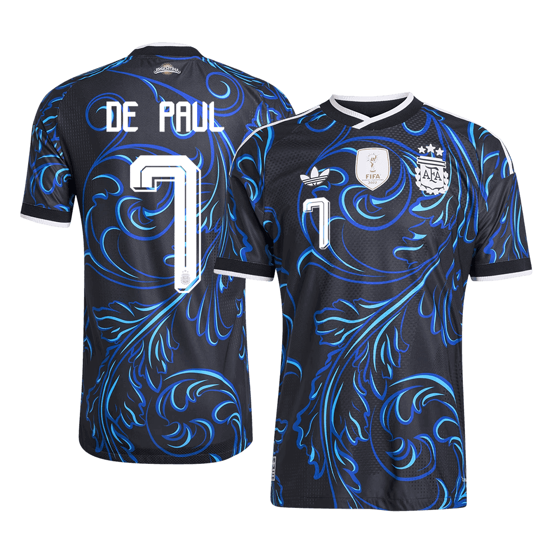 Versão do Jogador DE PAUL #7 Argentina Fora Copa do Mundo Futebol Camisas 2026 Preto