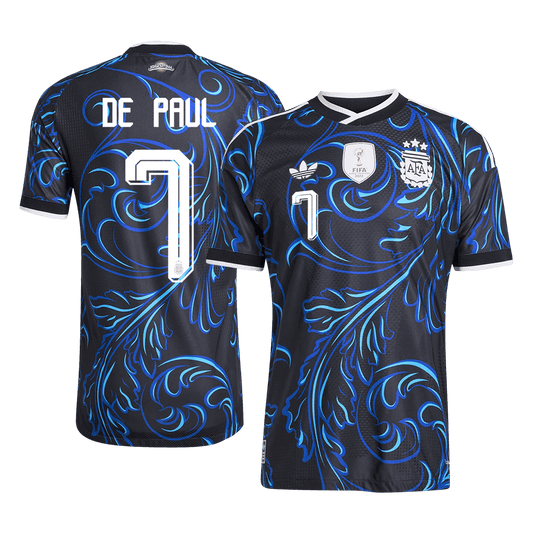 Versão do Jogador DE PAUL #7 Argentina Fora Copa do Mundo Futebol Camisas 2026 Preto