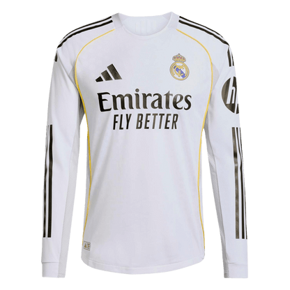 Real Madrid Casa Manga Longa Futebol Camisas 2025/26 Branco