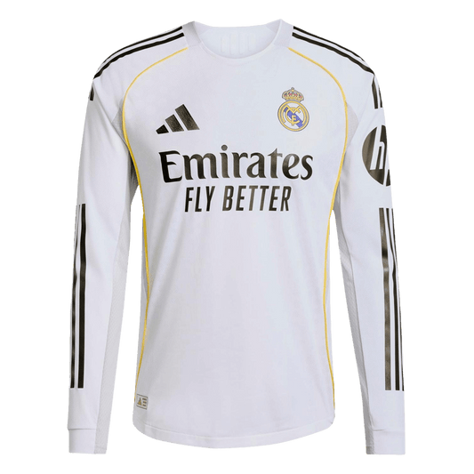 Real Madrid Casa Manga Longa Futebol Camisas 2025/26 Branco