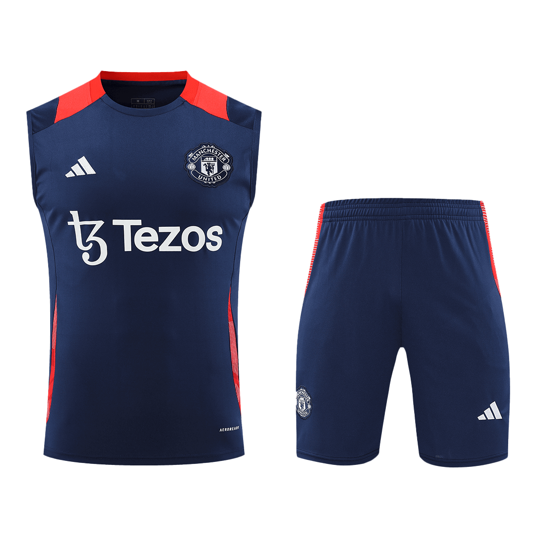 Kit de colete de camisola de futebol pré-jogo do Manchester United (camisola + calções) 2024/25