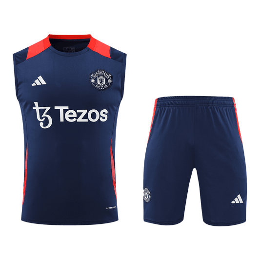 Kit de colete de camisola de futebol pré-jogo do Manchester United (camisola + calções) 2024/25