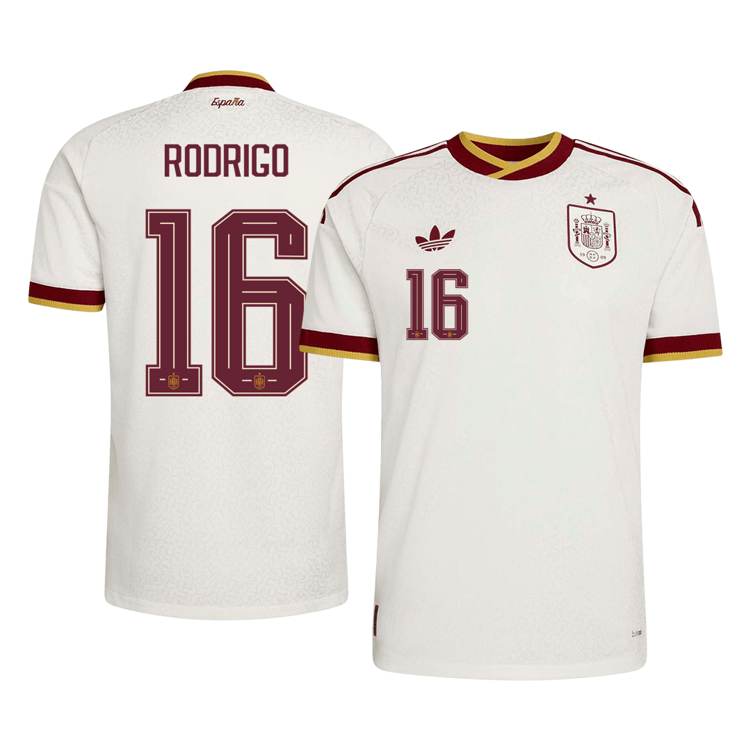 Versão do Jogador RODRIGO #16 Spain Fora Copa do Mundo Futebol Camisas 2026 Branco