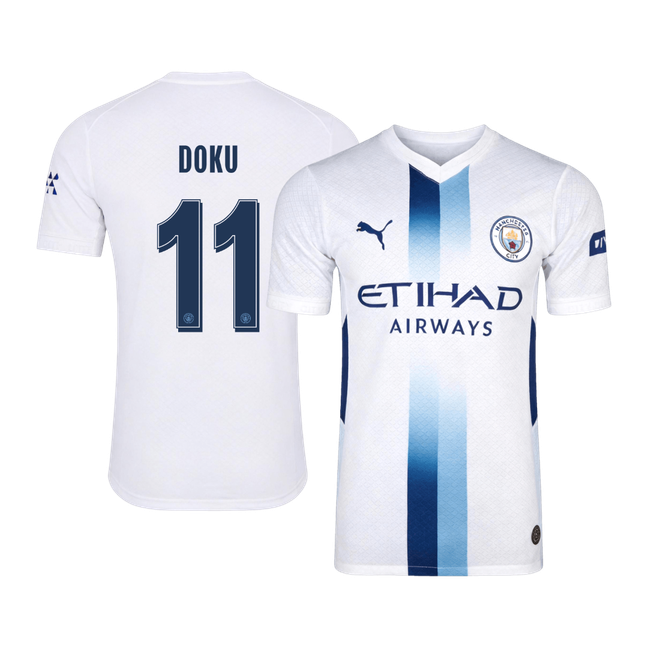 Versão do Jogador DOKU #11 Manchester City Terceira Futebol Camisas 2026/27 Branco - UCL