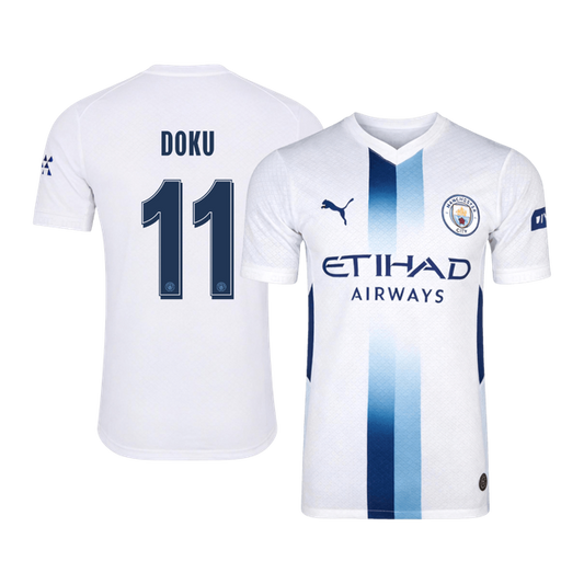 Versão do Jogador DOKU #11 Manchester City Terceira Futebol Camisas 2026/27 Branco - UCL