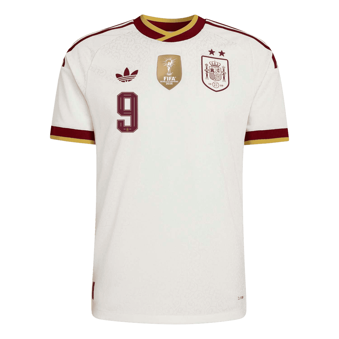 Versão do Jogador GAVI #9 Spain Fora Copa do Mundo Futebol Camisas 2026 Branco