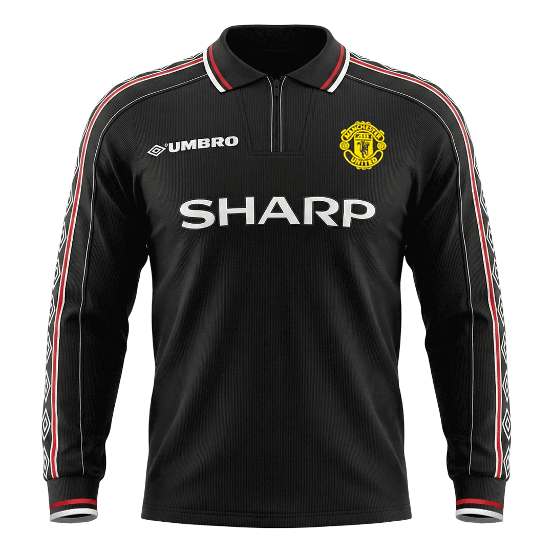 Retrô Manchester United Fora Manga Longa Camisa 1998 Preto