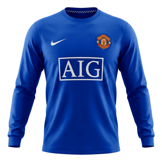Retrô Manchester United Terceira Manga Longa Camisa 2008/09 Azul