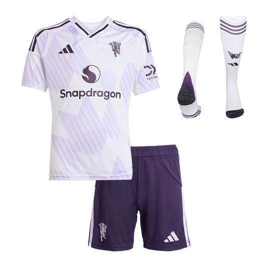 Manchester United Infantil Fora Futebol Camisa Conjunto (Camisa + Calção + Meias) 2025/26 Branco