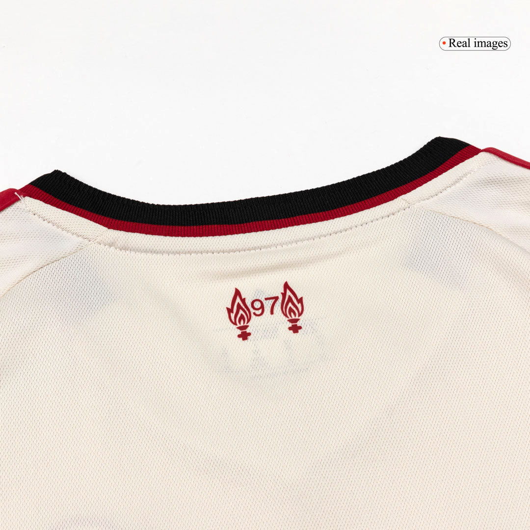 Liverpool Infantil Fora Futebol Camisa Conjunto (Camisa + Calção + Meias) 2025/26 Branco