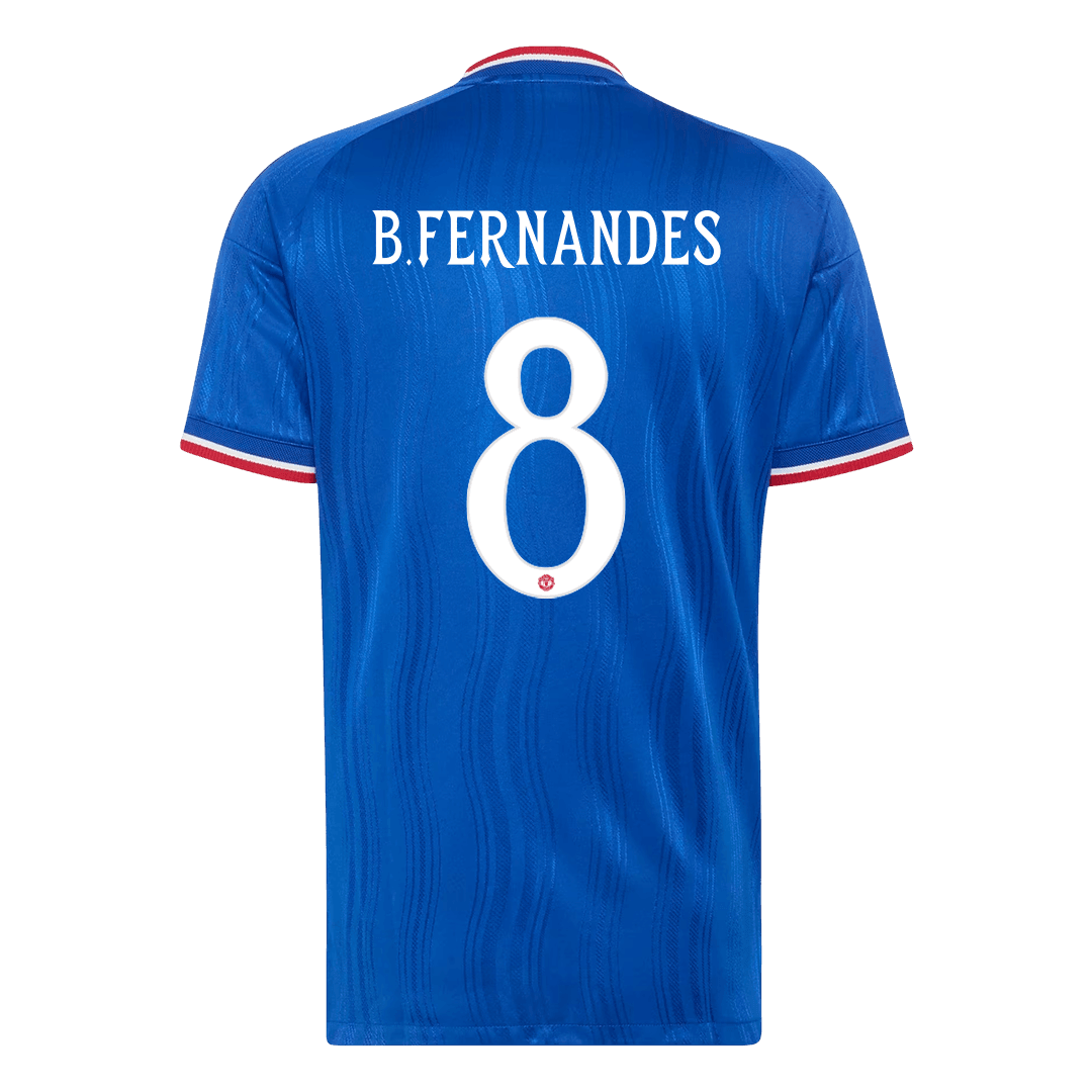 Versão do Jogador B. FERNANDES #8 Manchester United Fora Futebol Camisas 2026/27 Azul - UCL