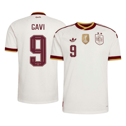 Versão do Jogador GAVI #9 Spain Fora Copa do Mundo Futebol Camisas 2026 Branco