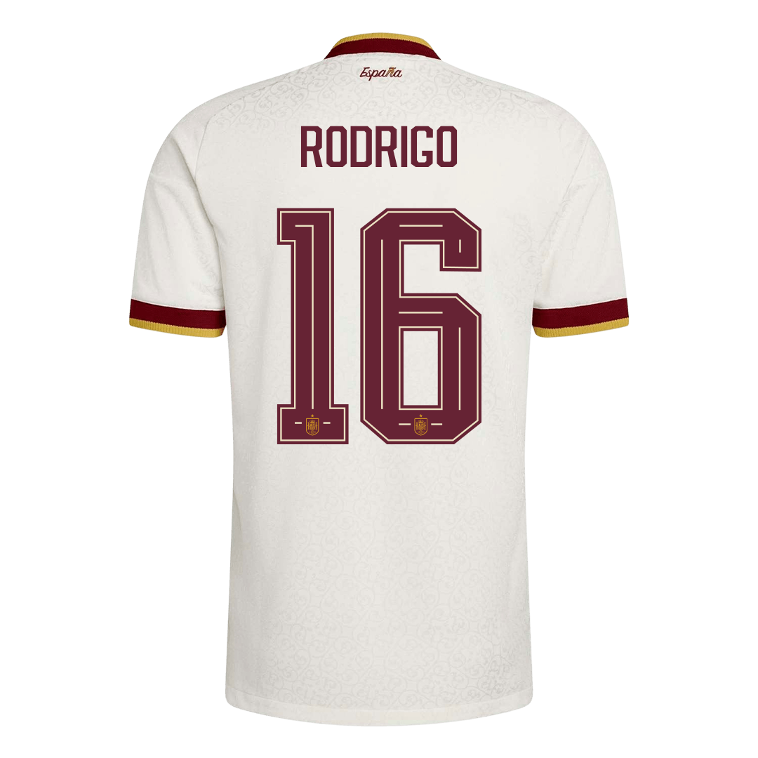 Versão do Jogador RODRIGO #16 Spain Fora Copa do Mundo Futebol Camisas 2026 Branco