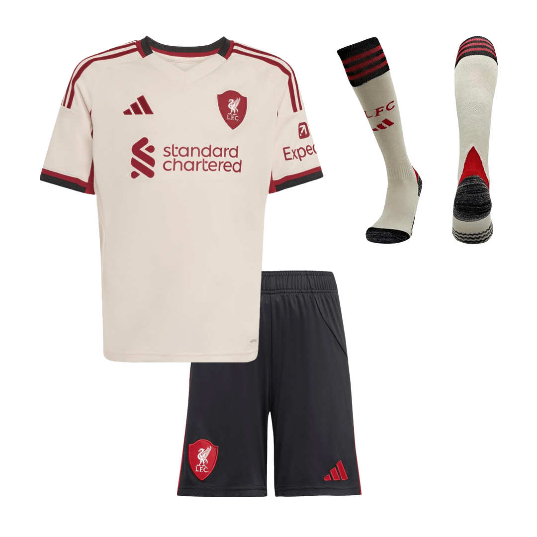 Liverpool Infantil Fora Futebol Camisa Conjunto (Camisa + Calção + Meias) 2025/26 Branco