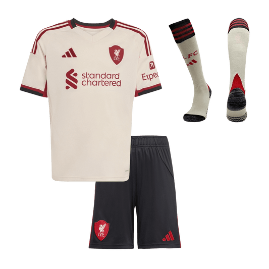 Liverpool Infantil Fora Futebol Camisa Conjunto (Camisa + Calção + Meias) 2025/26 Branco