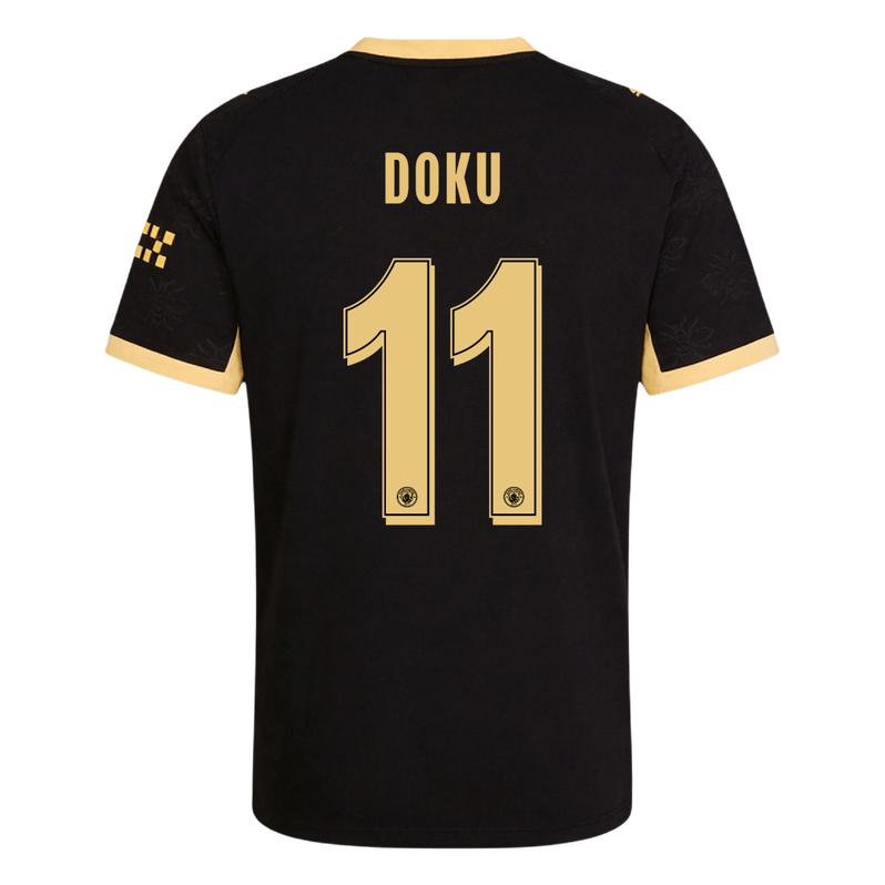 Versão do Jogador DOKU #11 Manchester City Fora Futebol Camisas 2026/27 Preto - UCL