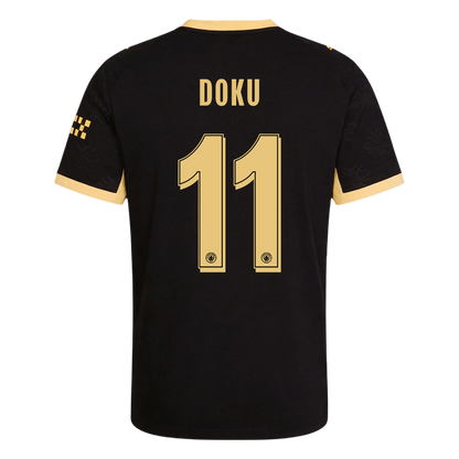 Versão do Jogador DOKU #11 Manchester City Fora Futebol Camisas 2026/27 Preto - UCL
