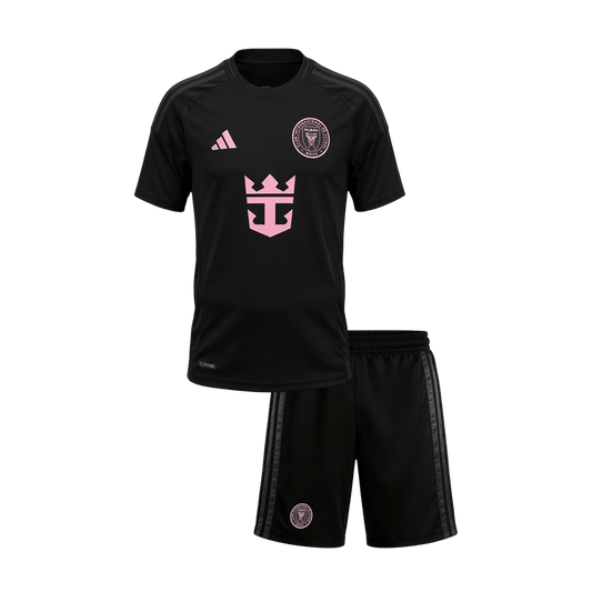 Inter Miami CF Infantil Fora Futebol Camisa Conjunto (Camisa+Shorts) Copa do Mundo 2026 Preto - camisola de