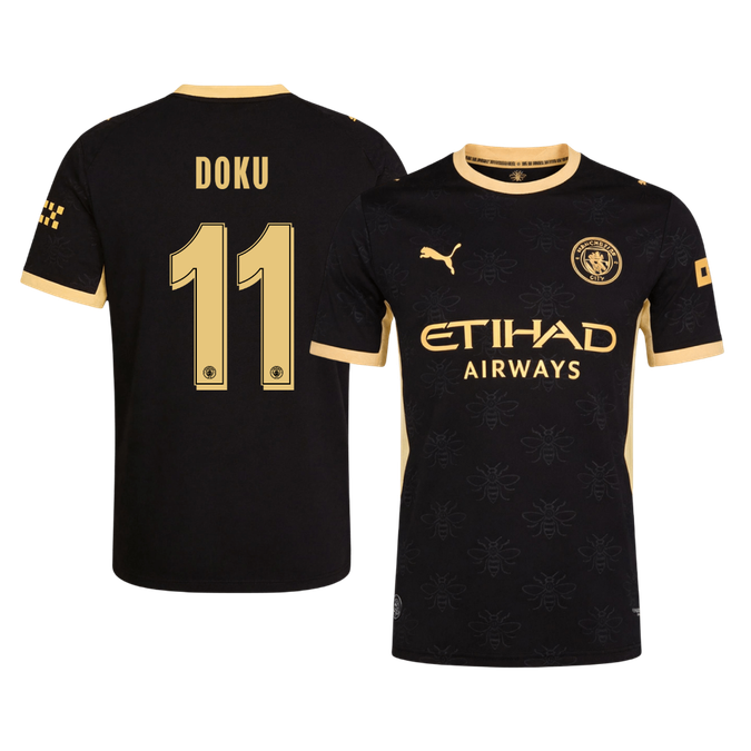 Versão do Jogador DOKU #11 Manchester City Fora Futebol Camisas 2026/27 Preto - UCL